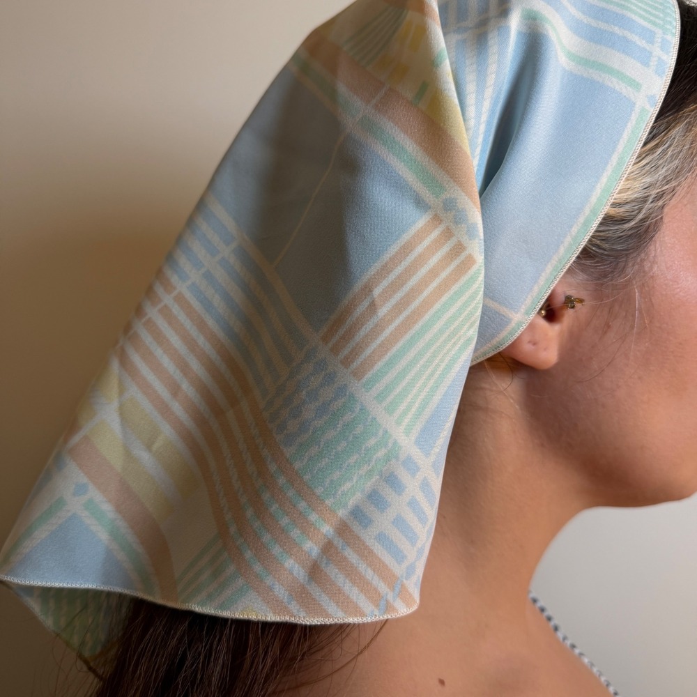 Vintage 70s Pastel Plaid Triangle Headscarf Bandana Hair Scarf Blue Orange